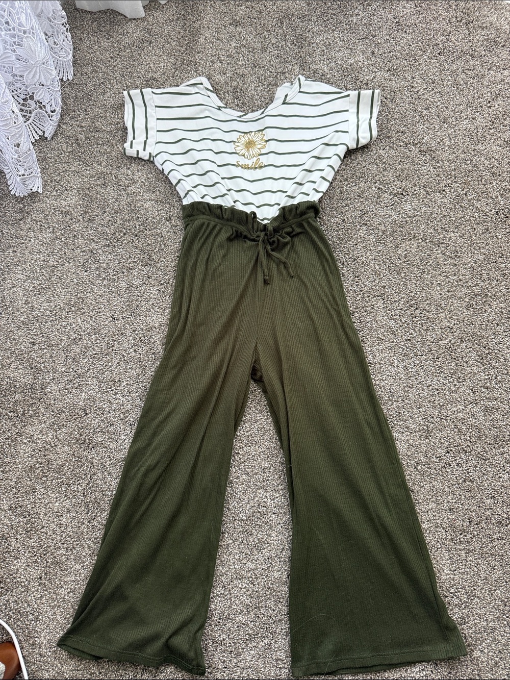 Striped Daisy Graphic Top with Olive Wide-Leg Jumpsuit/romper